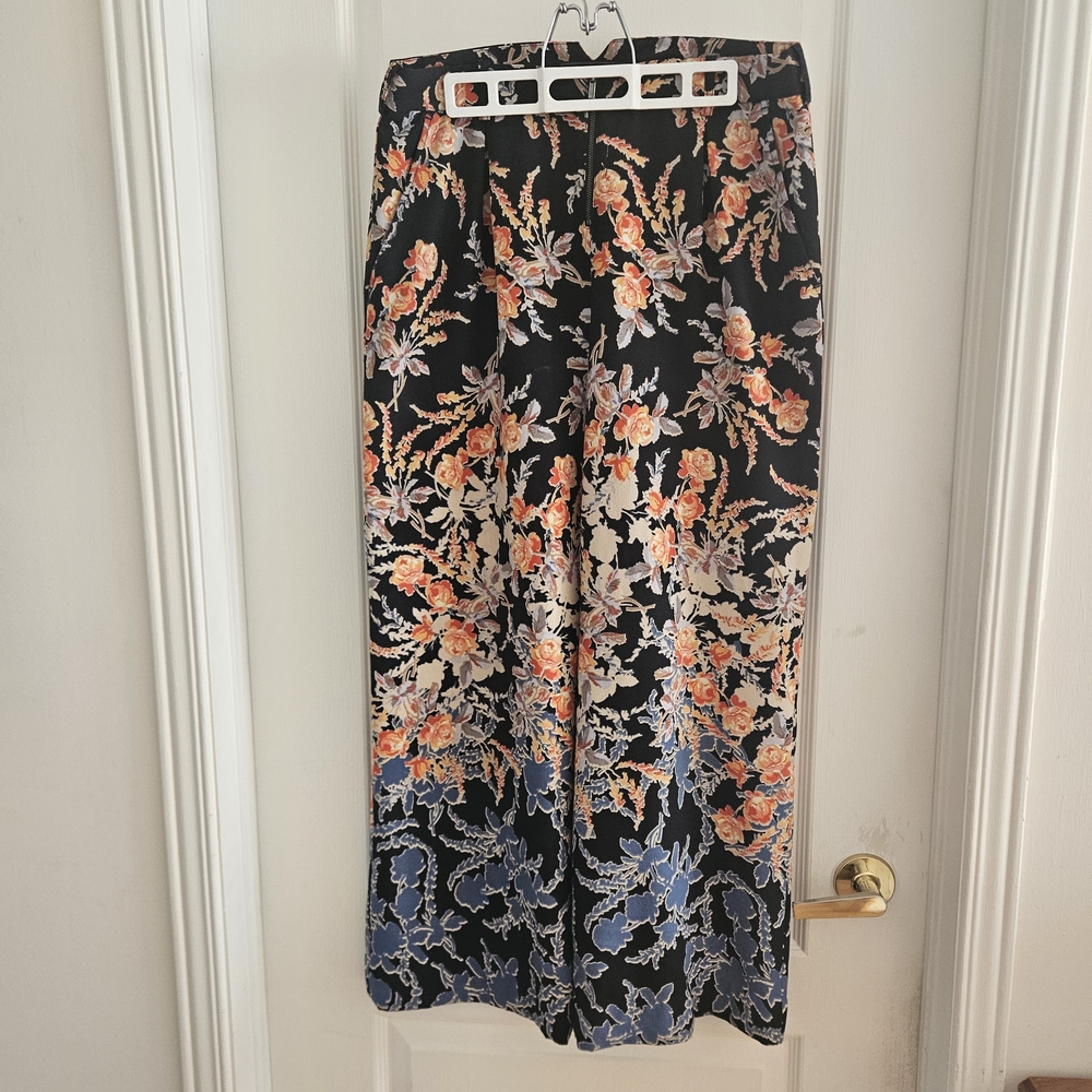 BCBGMaxAzria Black Wide-Leg Pants with Orange, Cream and Blue Floral Print